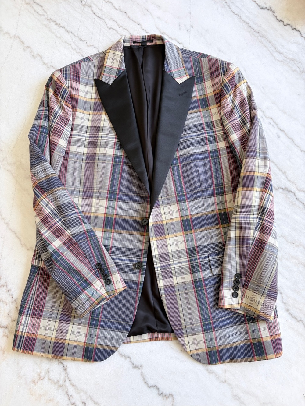 J. Crew Ludlow Multicolor Plaid Blazer with Black Satin Lapel